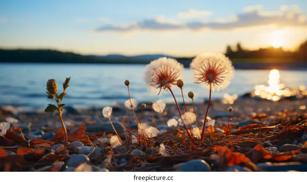 Close-up of dandelion seed heads on lake shore at sunset