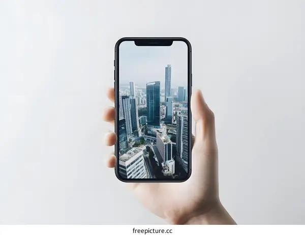 Hand Holding Smartphone Showing Cityscape