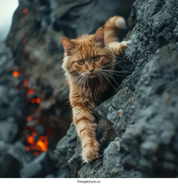 Ginger Cat Climbing on Rock with Lava Eruption in Background
