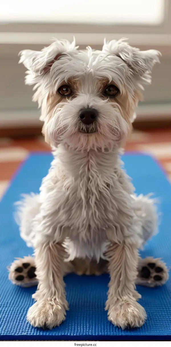 A cute white dog is sitting on a blue yoga mat