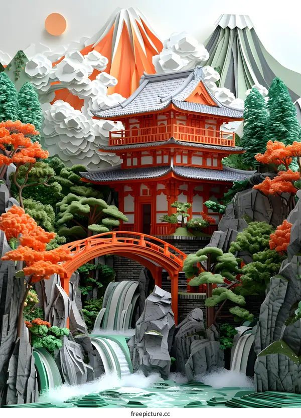 A paper cut illustration of a Japanese temple in a mountain landscape