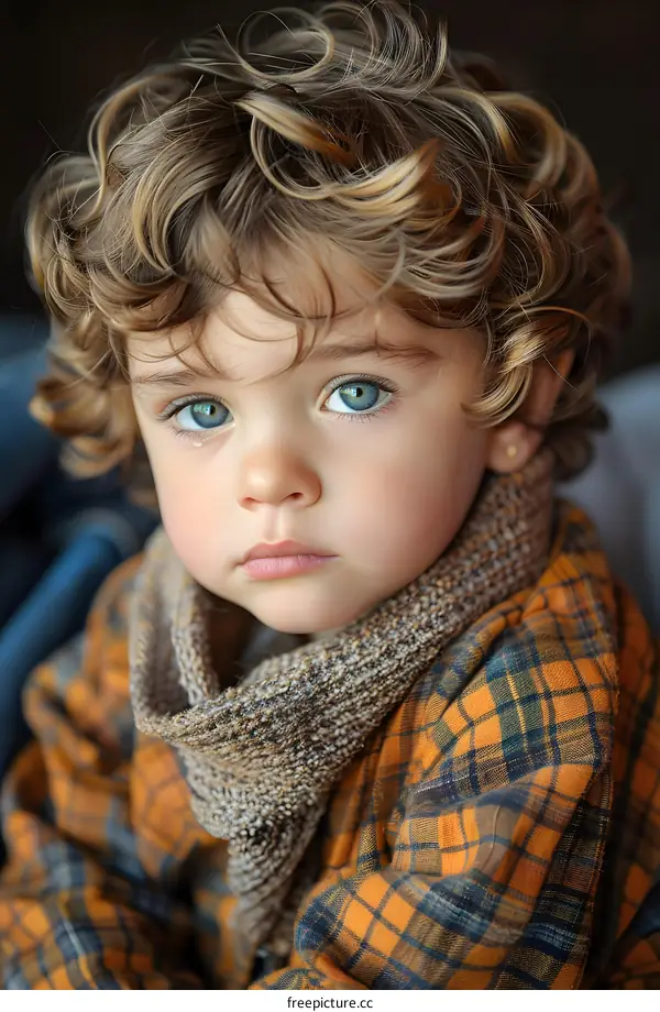 Portrait of a cute Caucasian baby boy with curly blond hair and blue eyes