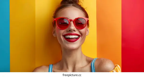 Red sunglasses with red lipstick joyful smiling woman