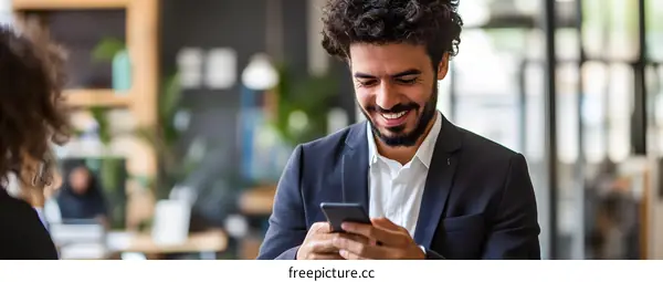 Smiling Businessman Using Smartphone In Modern Office