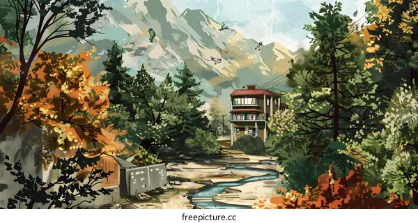 Mountain House with Stream and Birds in Autumn