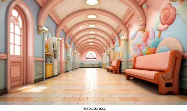 A long pink hallway with a pink sofa