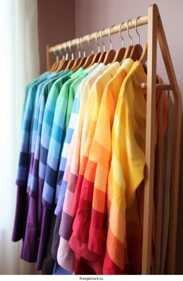 A wooden rack with rainbow clothes hangers on it