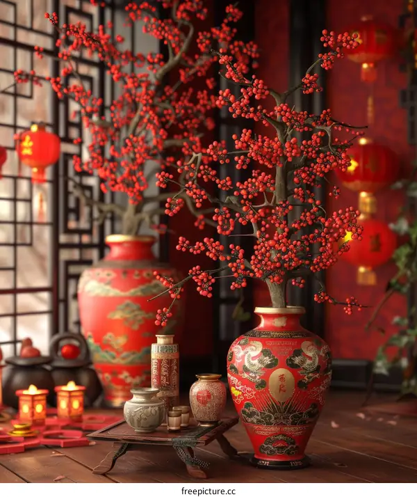 Chinese New Year Decorations and Red Vases