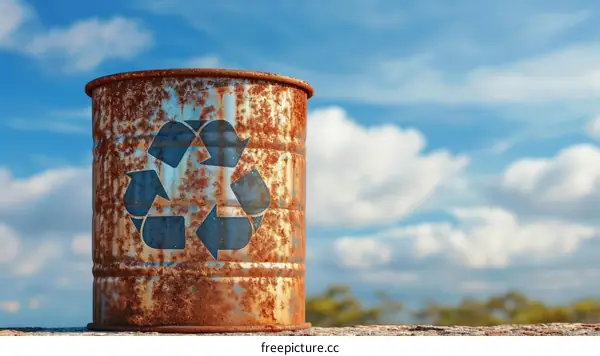 rusty recycle bin under blue sky