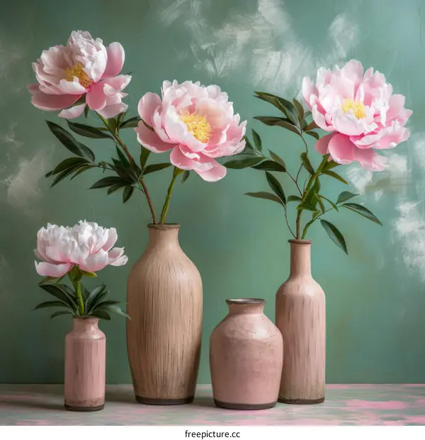 Four pink peonies in vases on a pink and green background