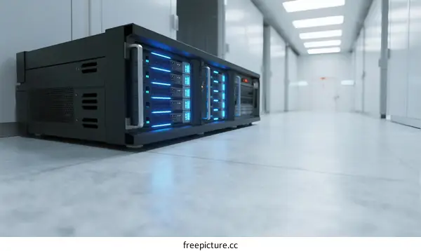 Modern Server Rack in Illuminated Data Center Corridor