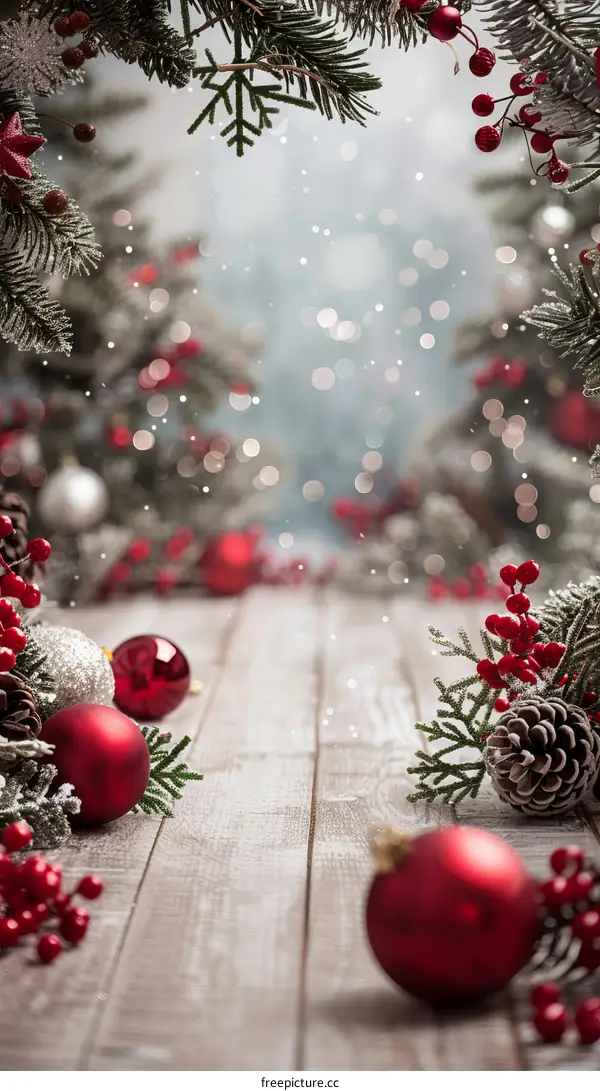 Christmas background with red and silver ornaments and snow