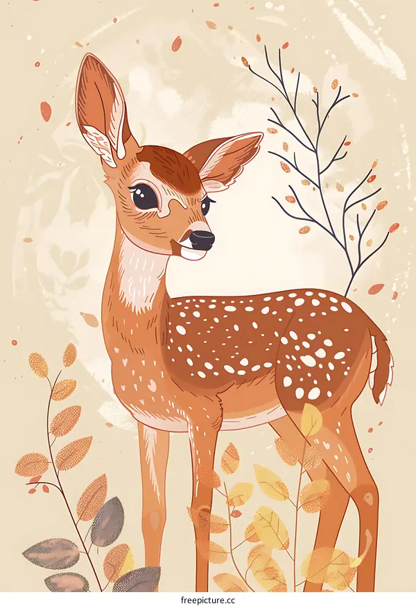 Cute Spotted Fawn Illustration with Fall Leaves