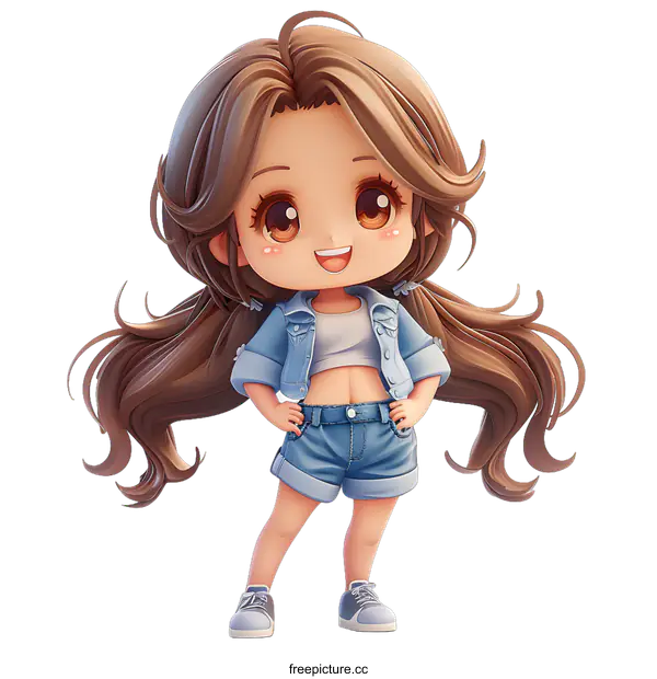 [Transparent Background PNG]Cute Cartoon Girl in Denim Outfit