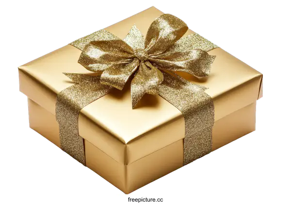 [Transparent Background PNG]Golden Gift Box with Sparkling Ribbon