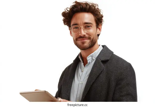 Smiling Business Professional Holding Tablet