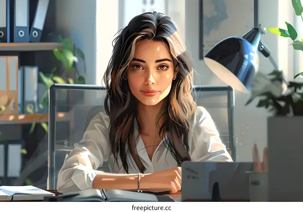 portrait of a beautiful young woman sitting at her desk and looking at the camera