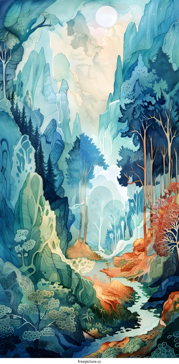 Watercolor Illustration of a Fantasy Forest Landscape with Blue and Green Mountains, Trees, and a River