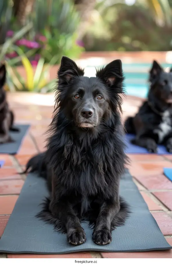 Three black dogs doing yoga on a brick patio