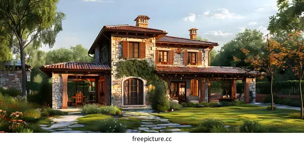 A beautiful stone house with a red tile roof and a large garden