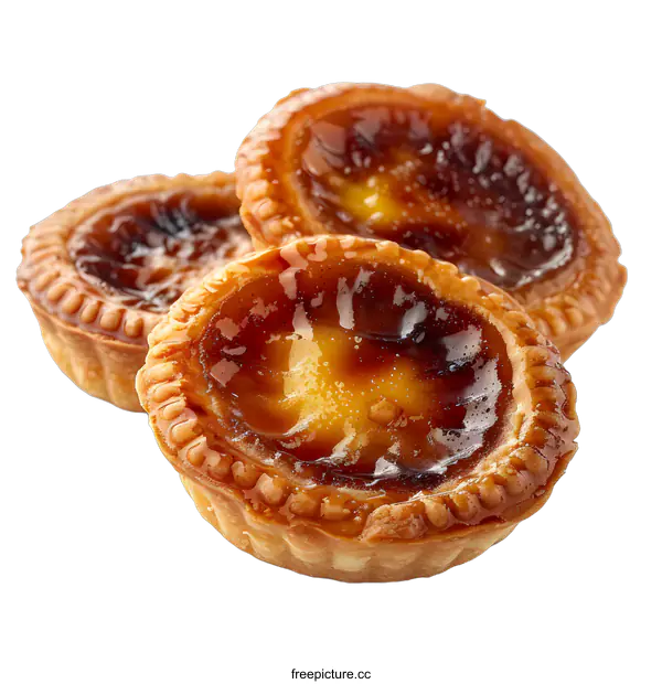 [Transparent Background PNG]Three Portuguese egg tarts isolated on white background