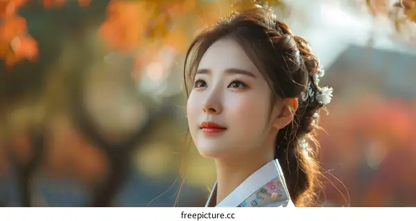Portrait of a beautiful young Korean woman in traditional Hanbok dress