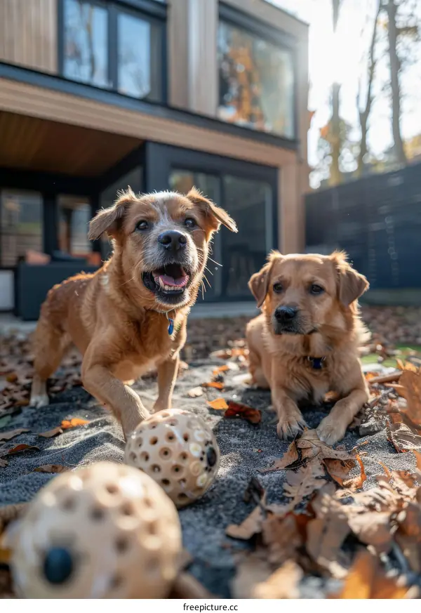 Two Frolicking Dogs Playing with Ball in Autumn Backyard