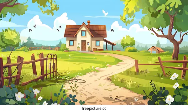 Summertime Countryside House Landscape Illustration
