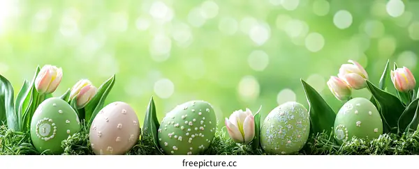 Easter Eggs and Tulips in a Spring Background