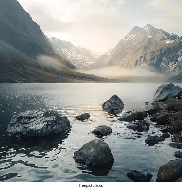 Calm Mountain Lake with Rocks and Fog in the Morning