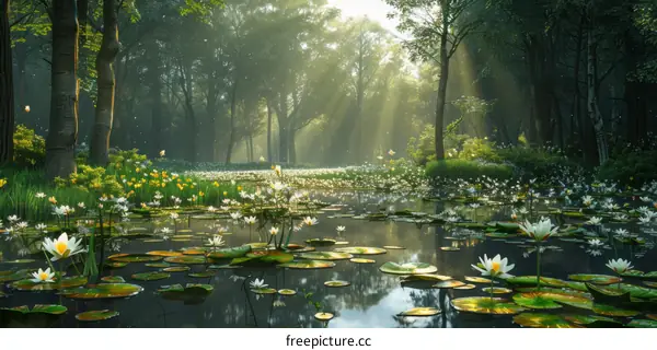Misty Forest Pond with White and Yellow Water Lilies