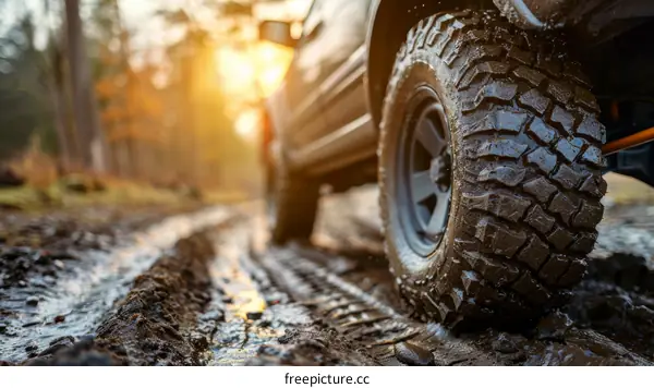 Close up of a mud-caked off-road tire on a dirt road