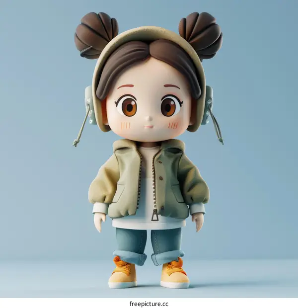 Cute Cartoon Girl Wearing Green Jacket With Brown Hair And Brown Eyes