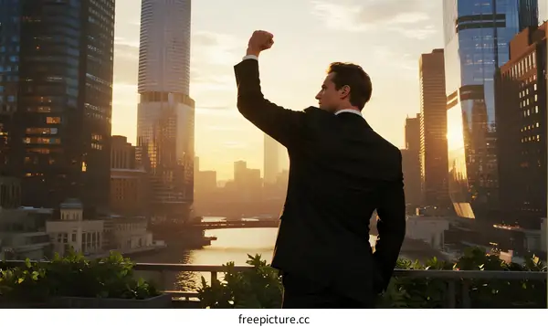 Confident Business Man Standing with Fist Raised in Urban Skyline
