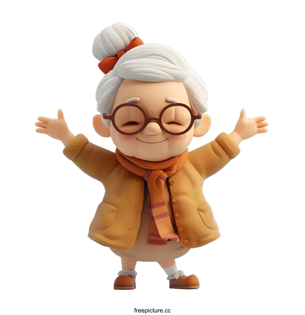 [Transparent Background PNG]Smiling Cartoon Grandmother with Open Arms 3D Illustration