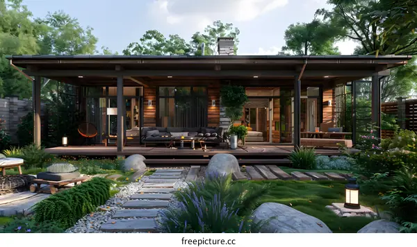 Modern wooden house with large terrace and garden