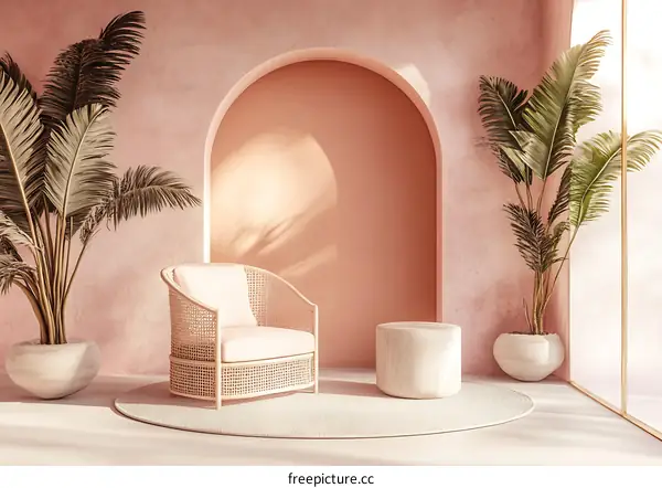 Pink Wall Interior Design With Wicker Chair And Palm Plants