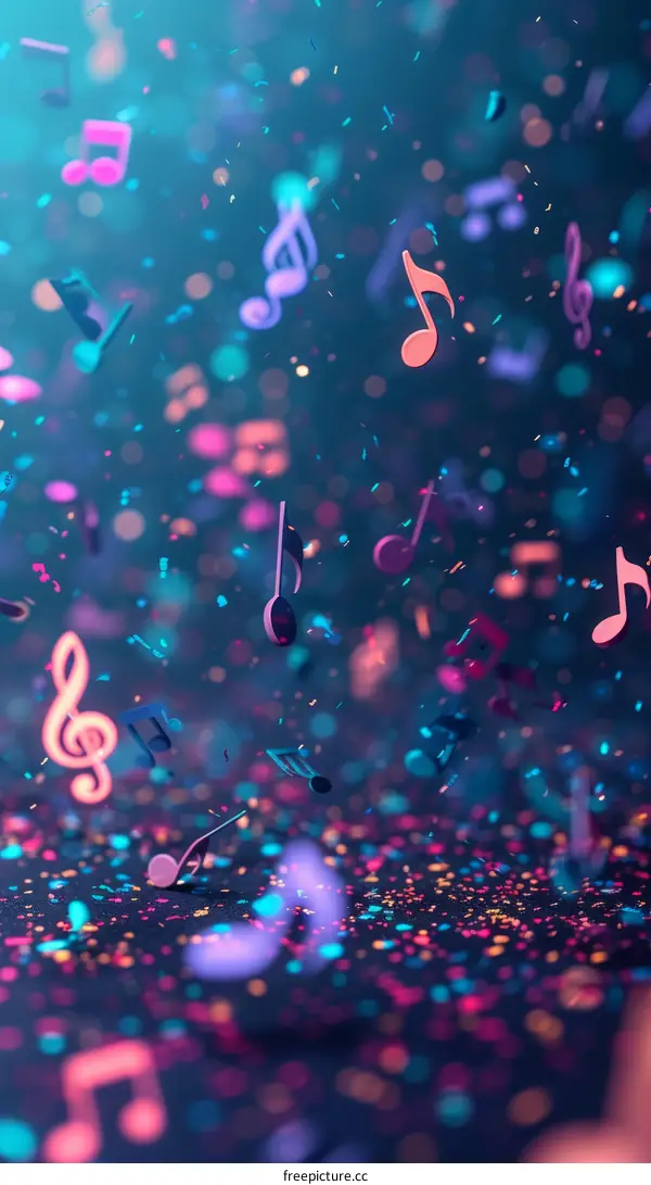 Colorful 3D Music Notes Falling Against a Dark Background