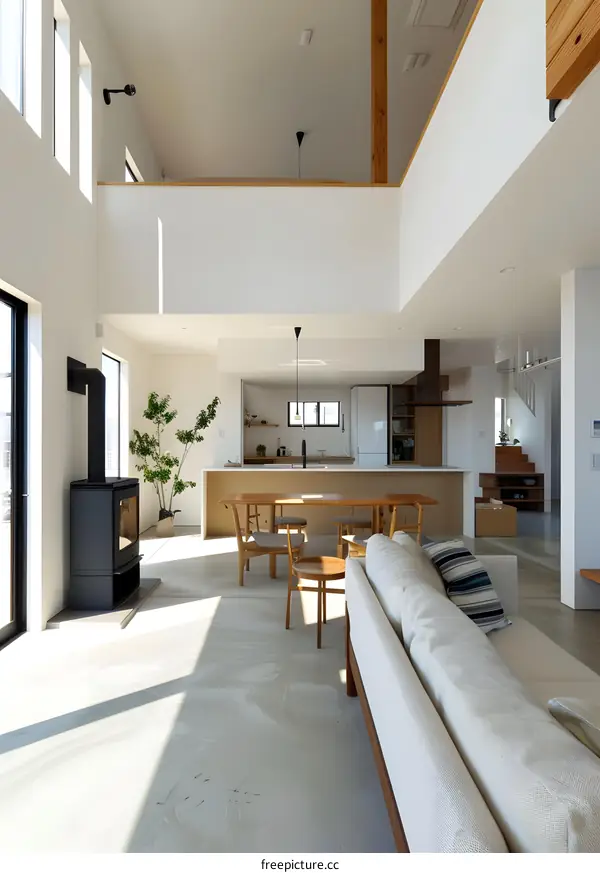 Modern Minimalist Living Room with Open Floor Plan and Fireplace