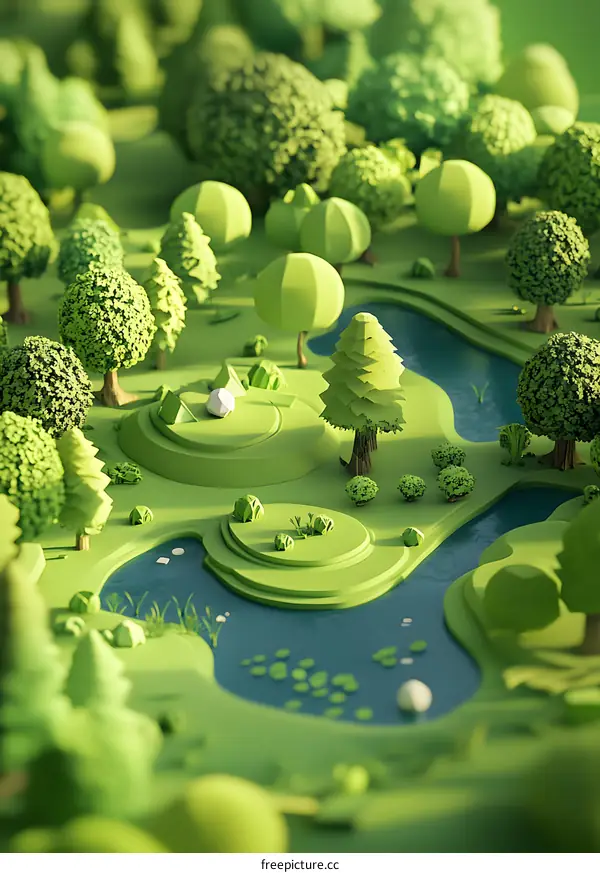 Low Poly Nature Scene With Green Trees And Pond