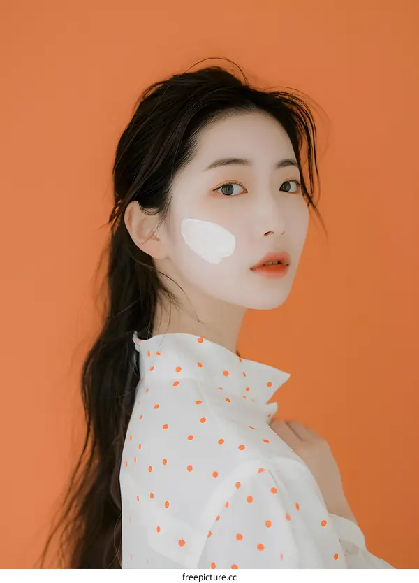 Asian Woman with Polka Dot Shirt and White Mask