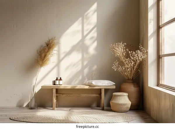 Minimalist Room Decor with Bench, Flowers, and Rug