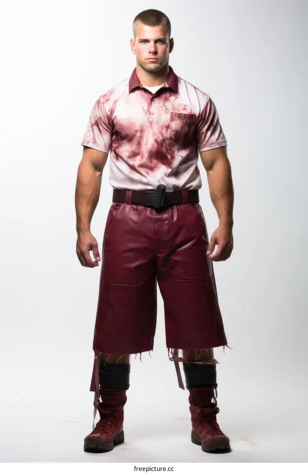 Injured Caucasian male wearing shorts and shirt covered in blood