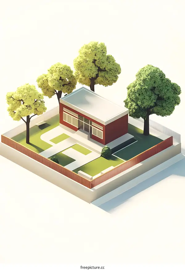 Modern Minimalist House with Green Trees and White Background