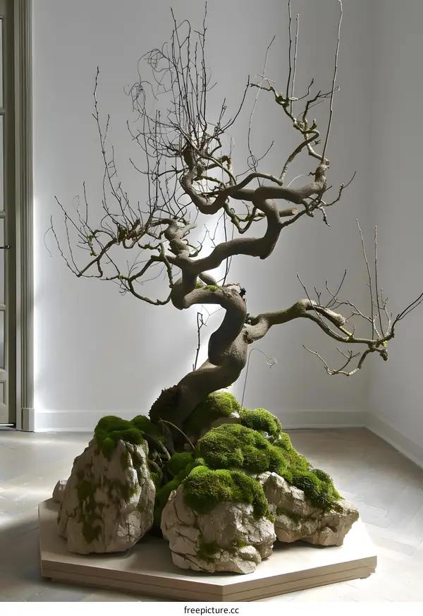 Twisted Tree Branch with Moss Covered Rocks in a Room with White Walls