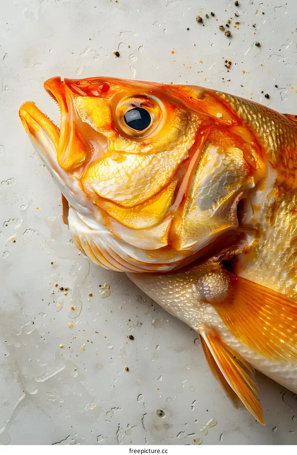 Close-up of a red fish head on a marble surface