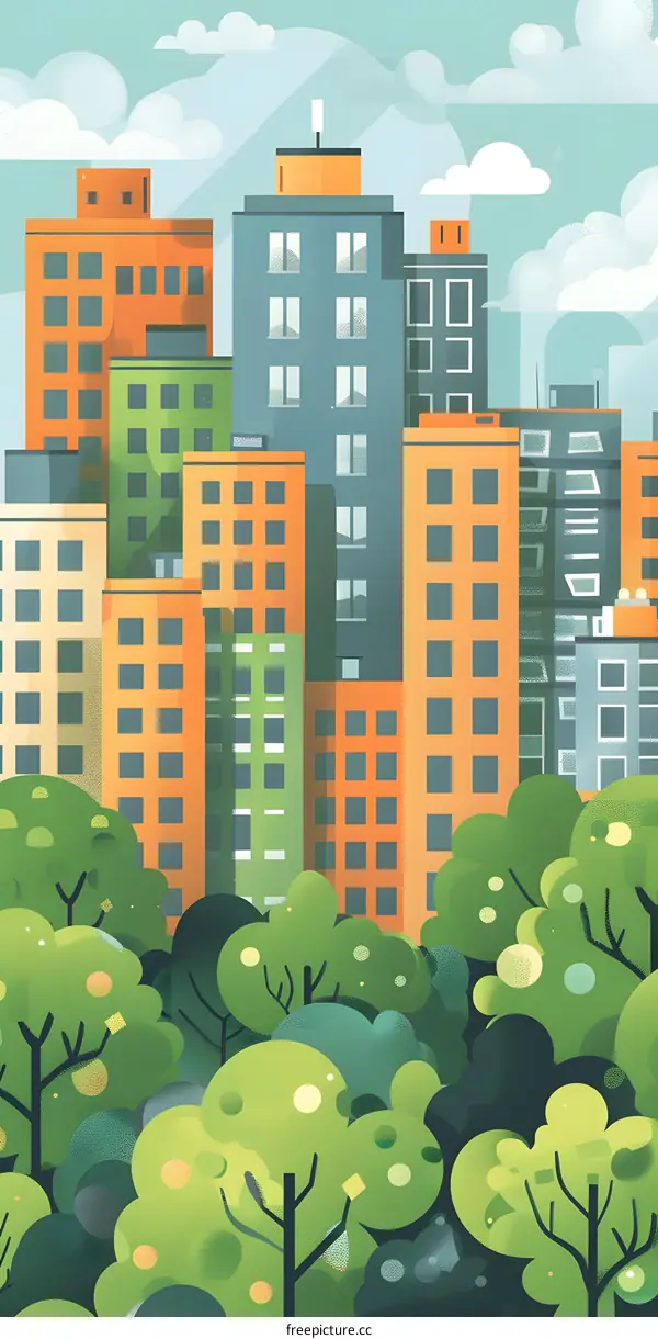 Modern City Skyline with Lush Green Trees