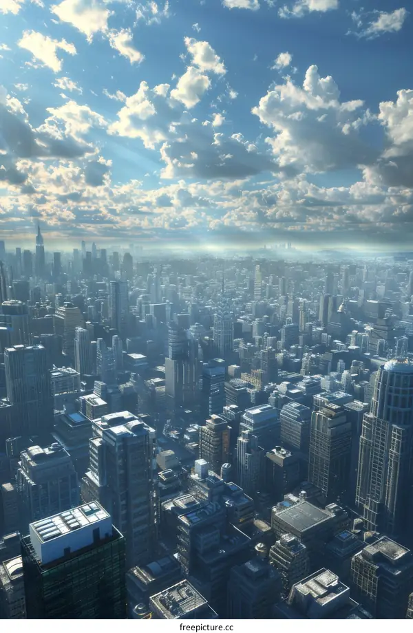 A Panoramic View of a Cityscape with Sunlight and Clouds