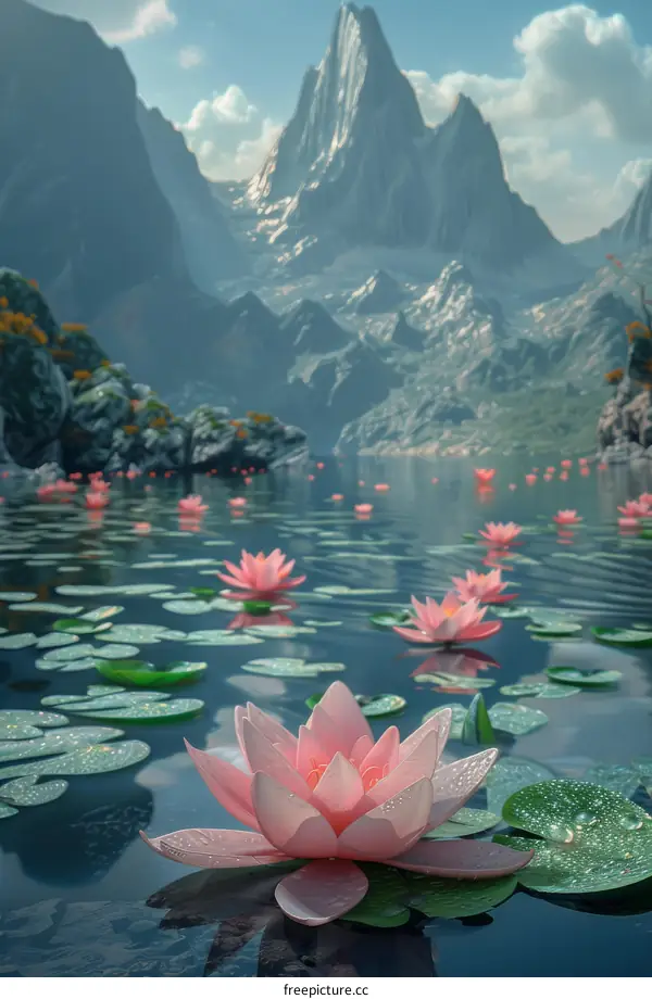 Pink Water Lilies in Pond with Mountains