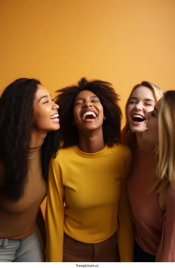 Four diverse women friends laughing together